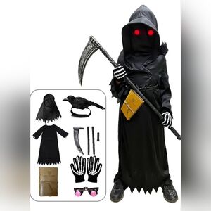 7 Piece Grim Reaper Kids Costume Size Large with Accessories